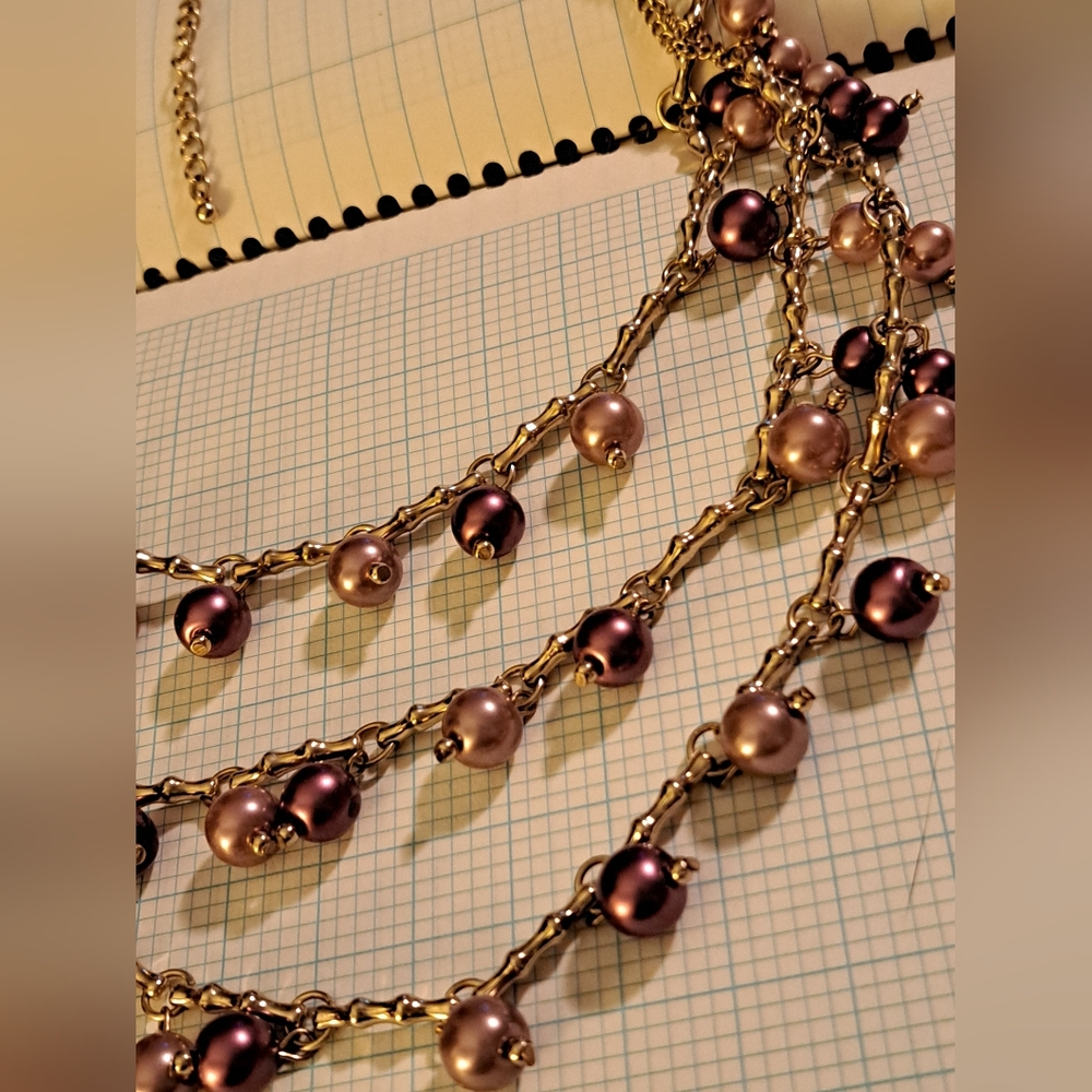 Pink Champagne And Burgandy Wine Pearl And Gold Multistrand Necklace - Picture 4 of 6